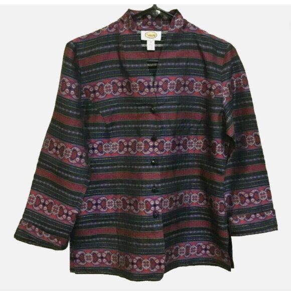 Talbots Womens Petites 4P Button Front Suit Jacket Top Blouse Silk Burgundy Navy - Picture 2 of 9